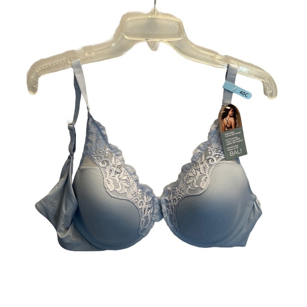 Bali Bra 40C One Smooth U Comfort Stretch Lace Underwire Bra Soft Blue-Grey New